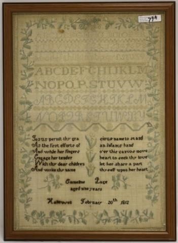 Appraisal: AMERICAN NEEDLEWORK SCHOOLGIRL SAMPLER WROUGHTBY EMMELINE PAGE HALLOWELL ME AGE