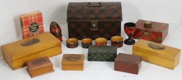 Appraisal: PCS OF SCOTTISH TARTAN AND MAUCHLINE WARETO INCLUDE COVERED BOXES