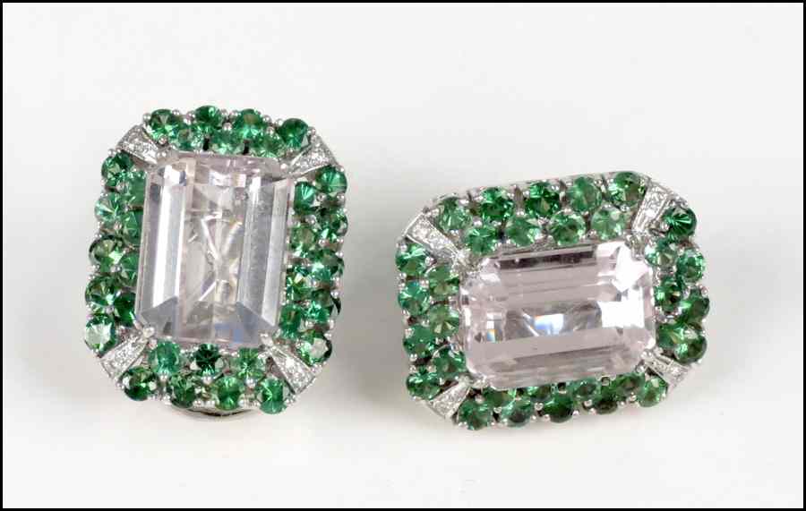 Appraisal: PAIR OF KUNZITE TSAVORITE DIAMOND AND KARAT WHITE GOLD EARCLIPS