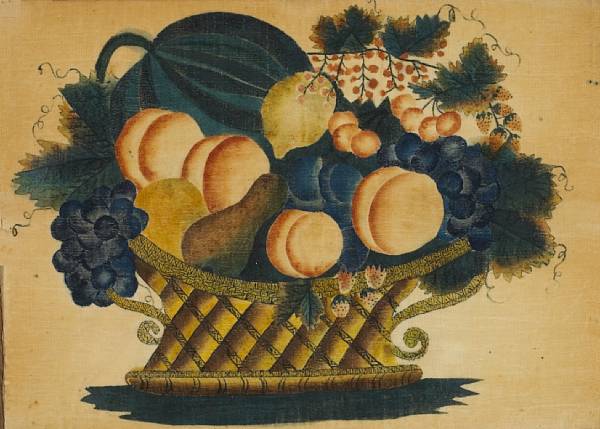 Appraisal: An American theorem painting on velvet of a basket of