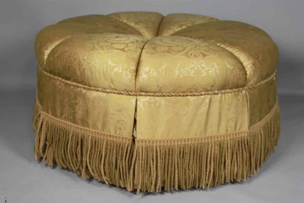 Appraisal: GOLD SILK DAMASK UPHOLSTERED CIRCULAR OTTOMAN Gold centered tufted ottoman