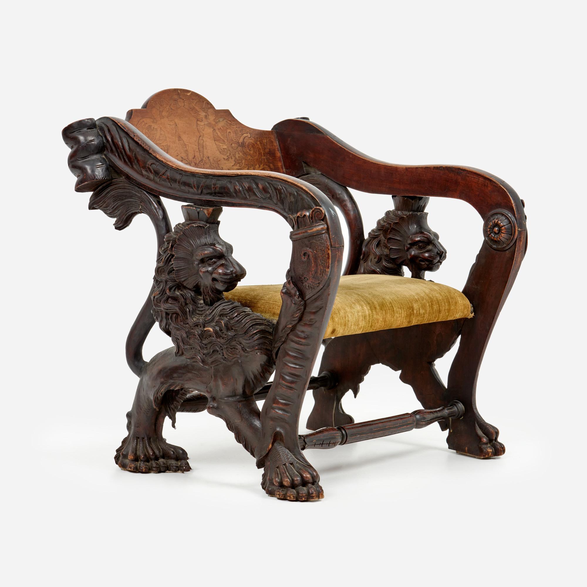 Appraisal: TH C FRENCH CARVED LION BISHOP'S CHAIR INLAID CREST A