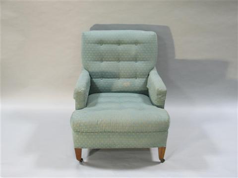 Appraisal: BLUE BUTTON-TUFTED UPHOLSTERED ARMCHAIR th century light blue upholstery with