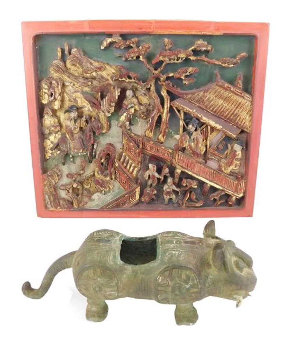 Appraisal: ASIAN Bronze cat figure and carved Chinese panel details include