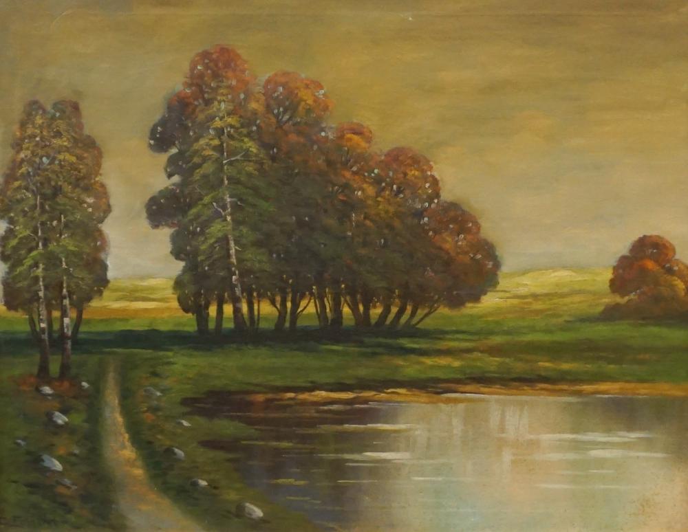 Appraisal: E Eckhardt Lake and Path in Fall Landscape Frame x