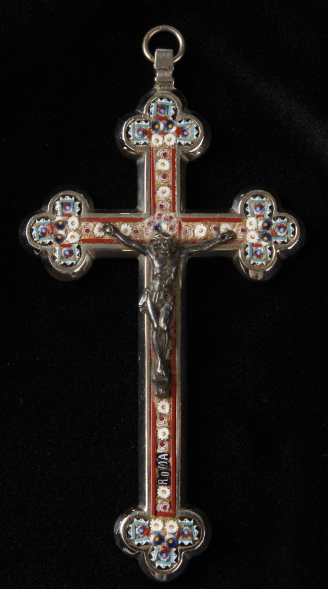 Appraisal: Cross features applied Christ at center micromosaic decoration on surface