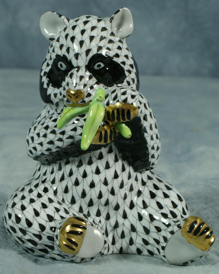 Appraisal: Herend fishnet figurine black panda eating bamboo tall no damage