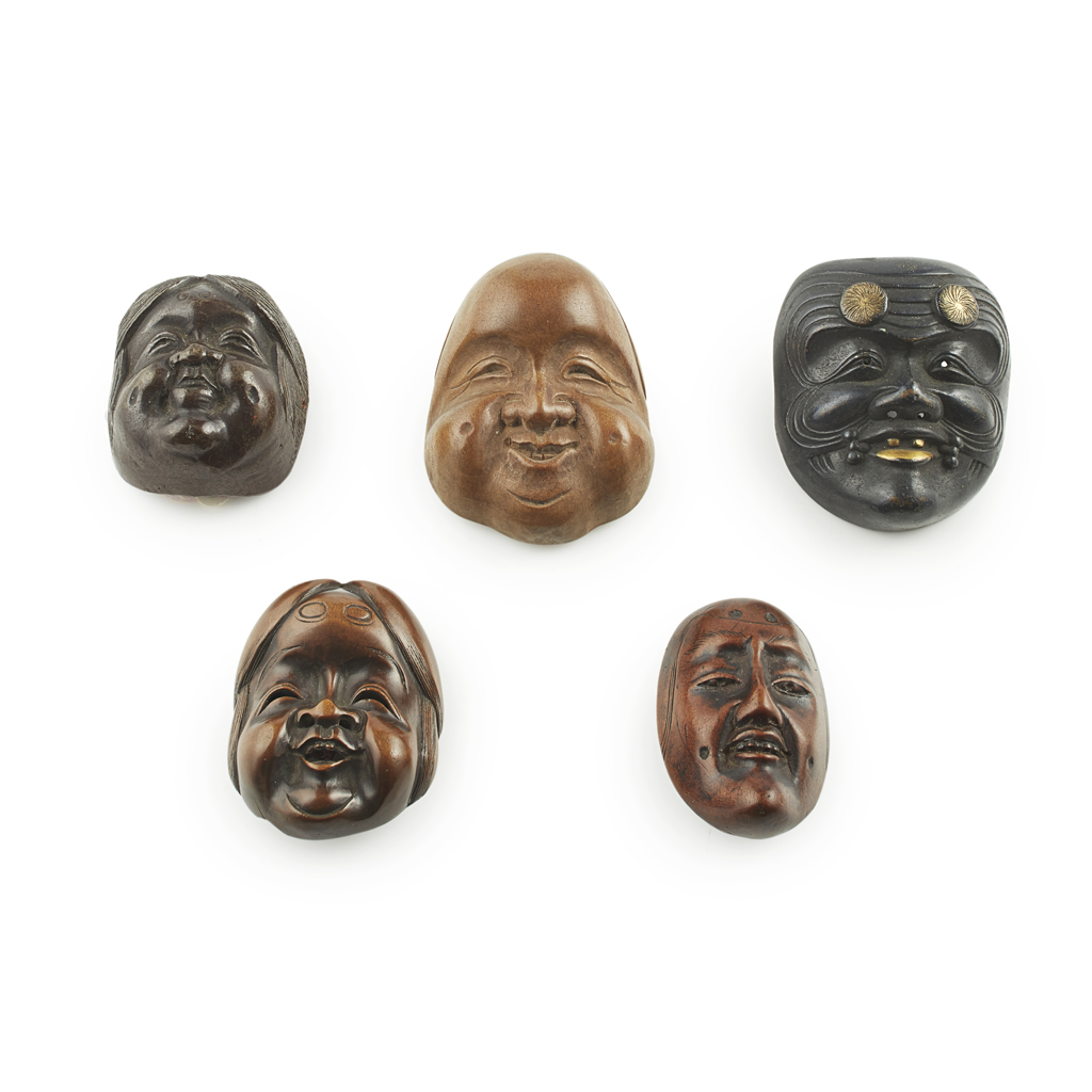 Appraisal: GROUP OF FIVE WOOD AND METAL 'NOH MASK' NETSUKE MEIJI