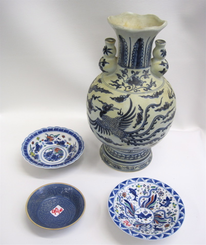 Appraisal: FOUR COLLECTIBLE CHINESE PIECES a satin glazed pottery blue and