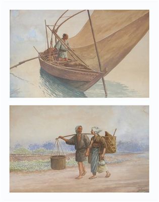 Appraisal: Two Japanese watercolours one of peasants walking amidst fields the