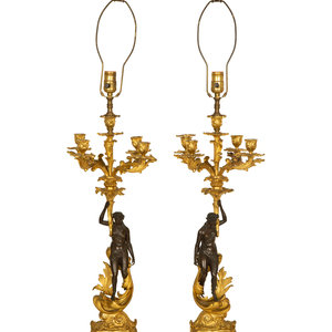 Appraisal: A Pair of Patinated and Gilt Bronze Figural Five-Light Candelabra