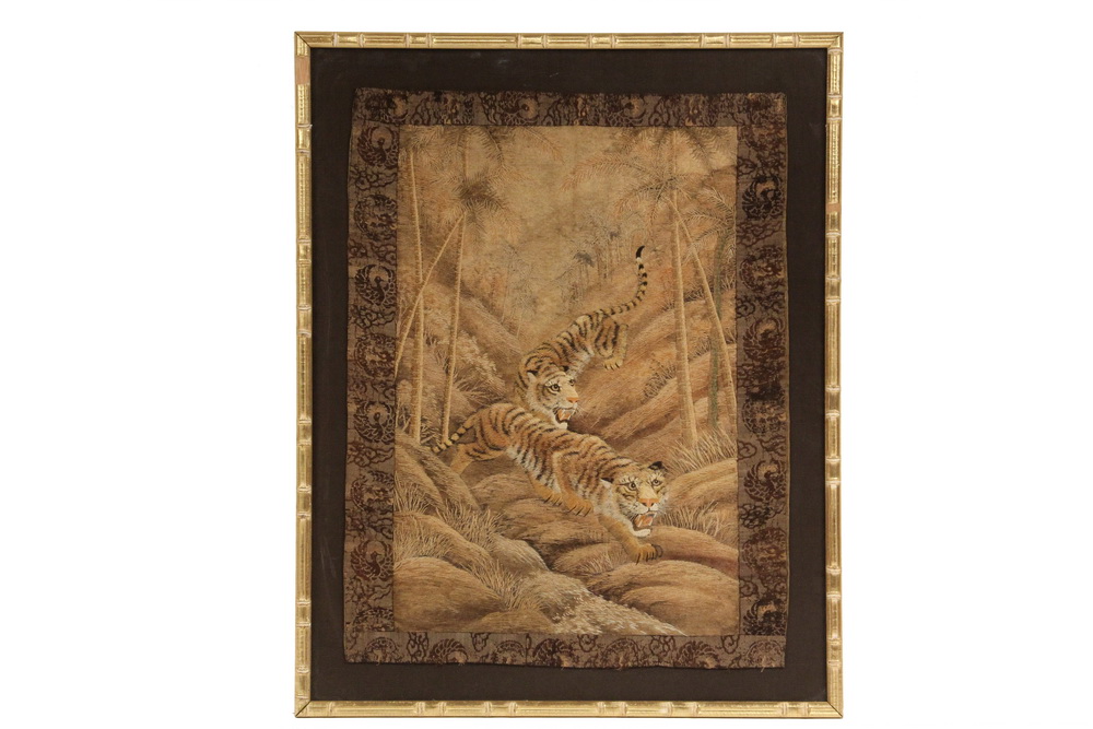 Appraisal: FRAMED CHINESE SILKWORK - Late th c Pair of Tigers