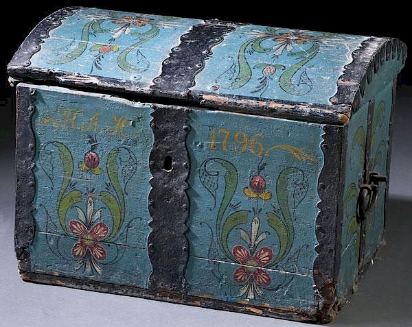 Appraisal: NORWEGIAN POLYCHROME WOOD TRUNK AN TH TH CENTURY NORWEGIAN POLYCHROME