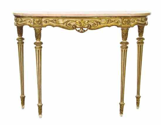 Appraisal: An Italian Painted and Parcel Gilt Demilune Console Table the