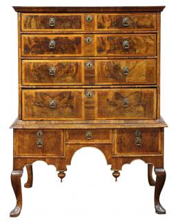 Appraisal: Queen Anne burl walnut chest-on-frame circa the cove-molded crest continuing