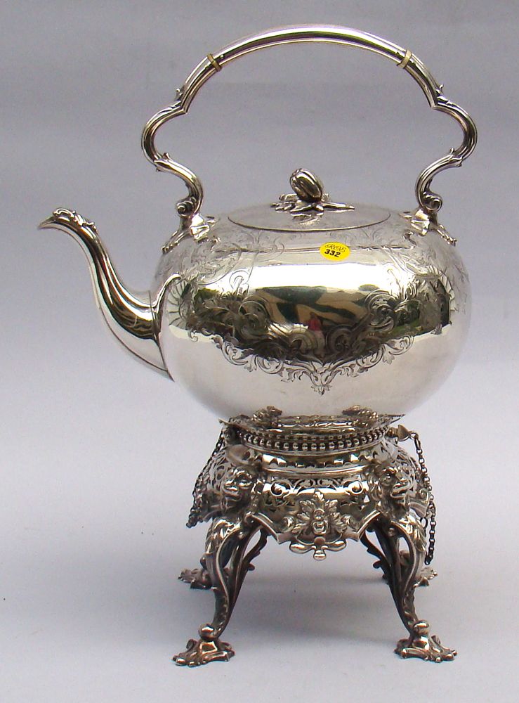 Appraisal: ENGLISH SILVER PLATED HOT WATER KETTLE ON STAND By William