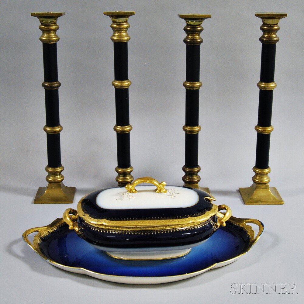 Appraisal: Set of Four Brass Candlesticks and a Limoges Soup Tureen