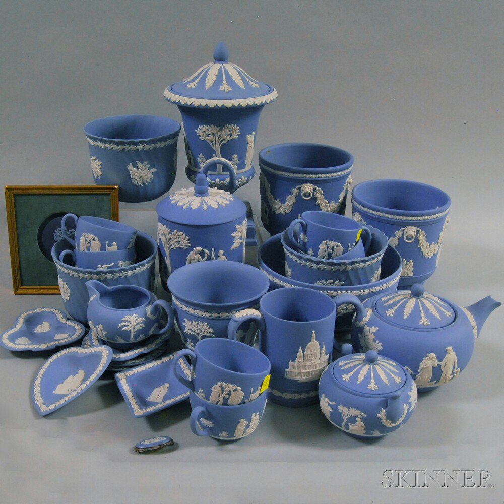 Appraisal: Approximately Forty Modern Wedgwood Jasper Items including a light-blue-handled covered