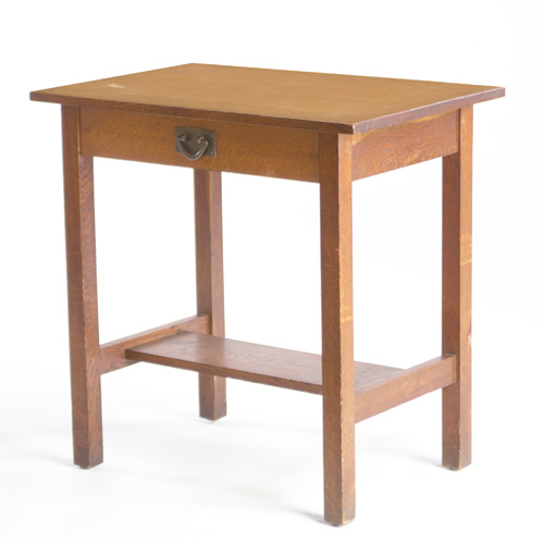 Appraisal: GUSTAV STICKLEY Diminuitive single-drawer library table with a lower shelf