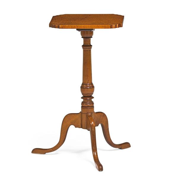 Appraisal: TILT TOP CANDLESTAND Curly maple pedestal base ca x Provenance