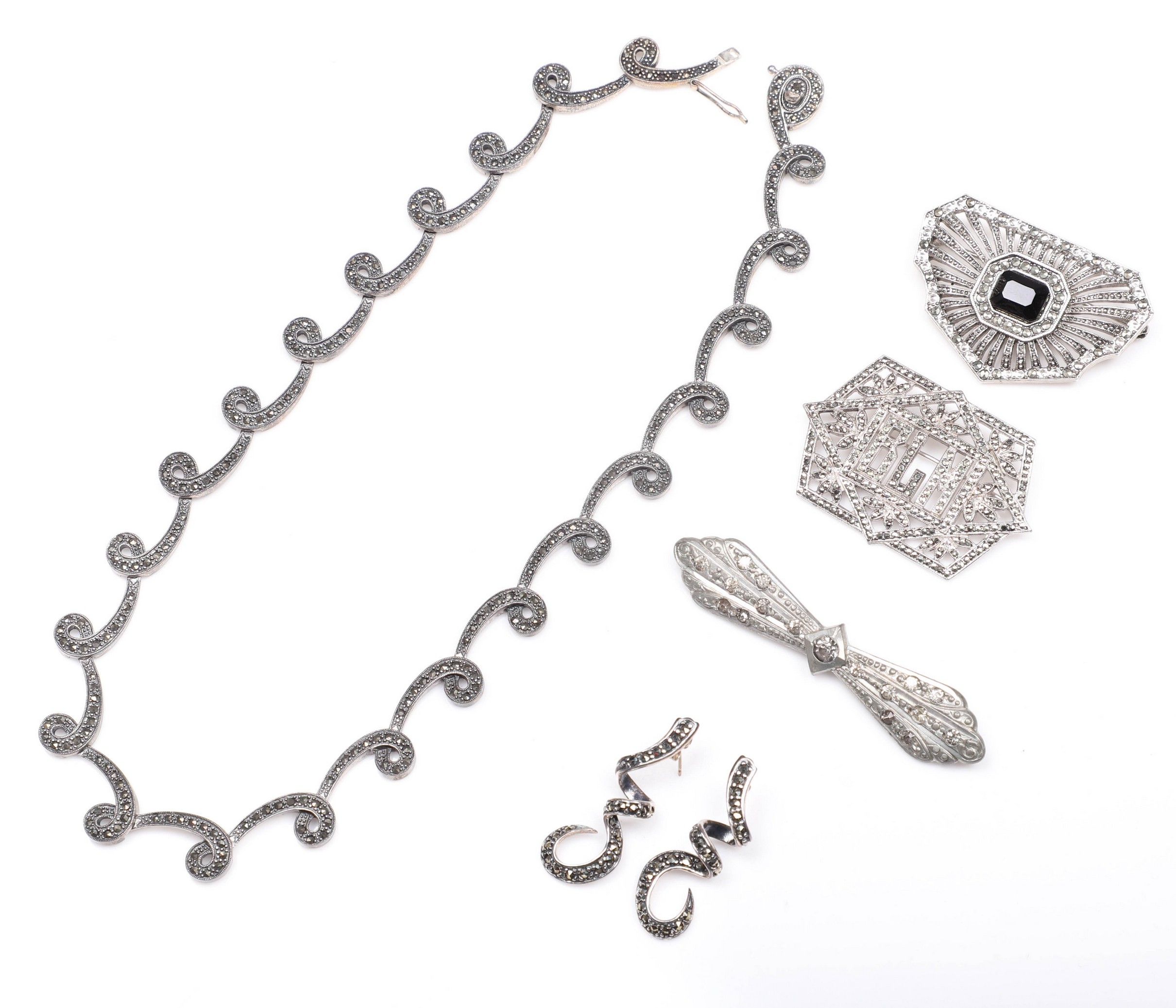 Appraisal: Sterling and style jewelry group to include sterling marcasite loop