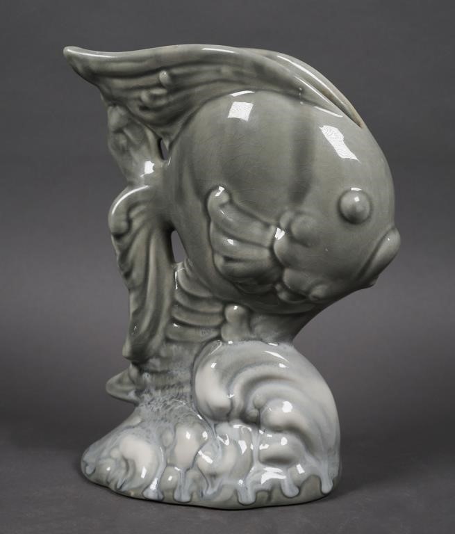 Appraisal: Circa - vase with fish on wave in gray glaze