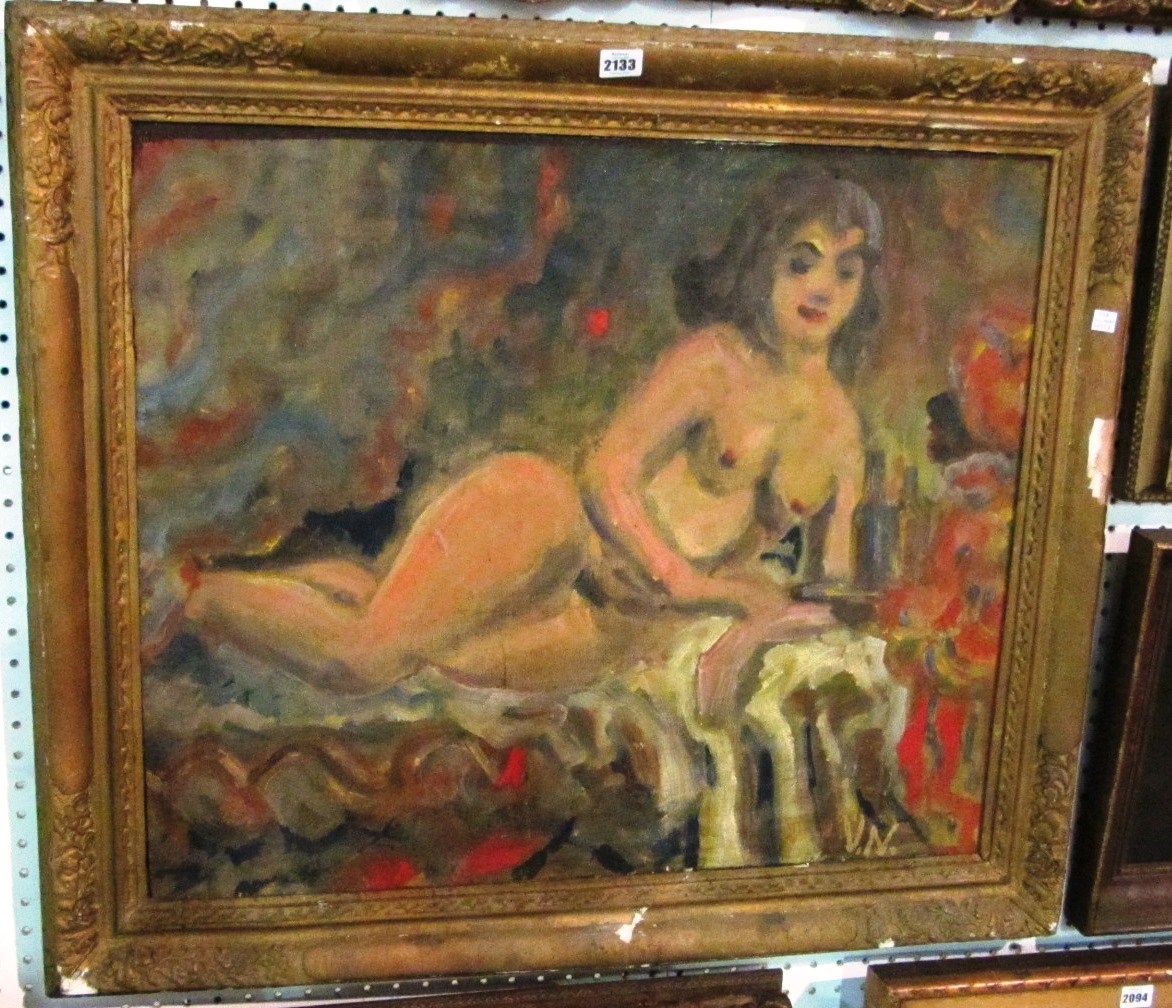 Appraisal: Continental School th century Reclining nude oil on canvas laid