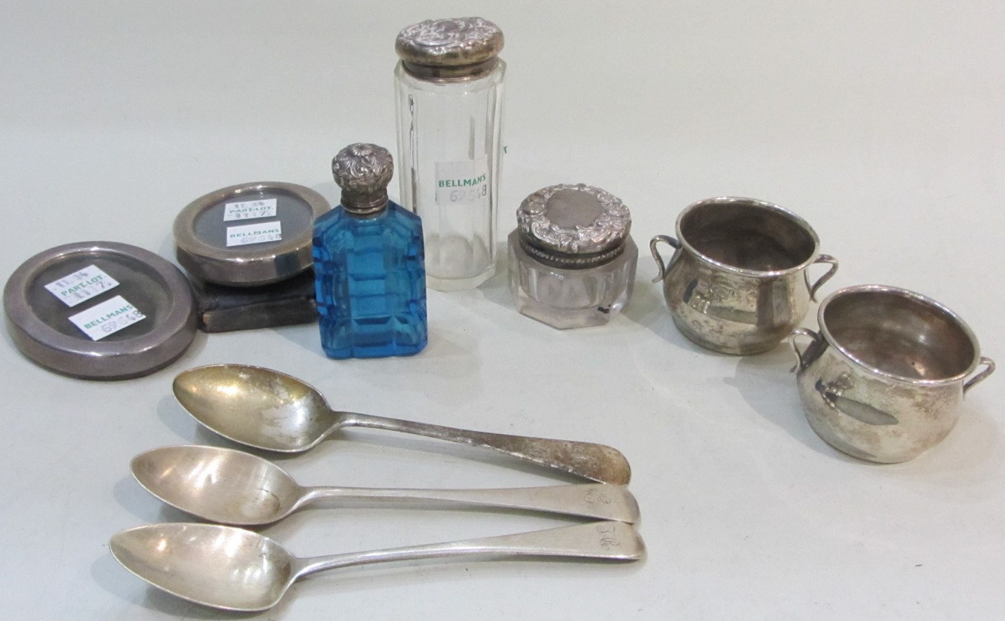 Appraisal: Silver and silver mounted wares comprising a faceted blue glass