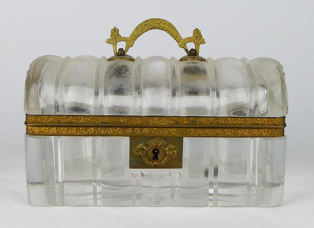 Appraisal: HEAVY CRYSTAL JEWELRY CASKET WITH BRONZE TRIM Measures by thick