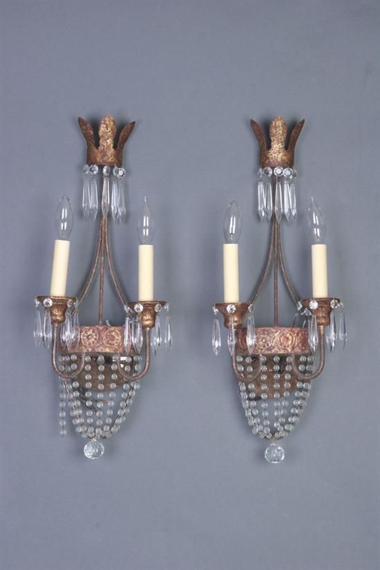 Appraisal: PAIR NIERMANN WEEKS TOLE AND CRYSTAL NEAPOLITAN TWO-LIGHT SCONCES Each