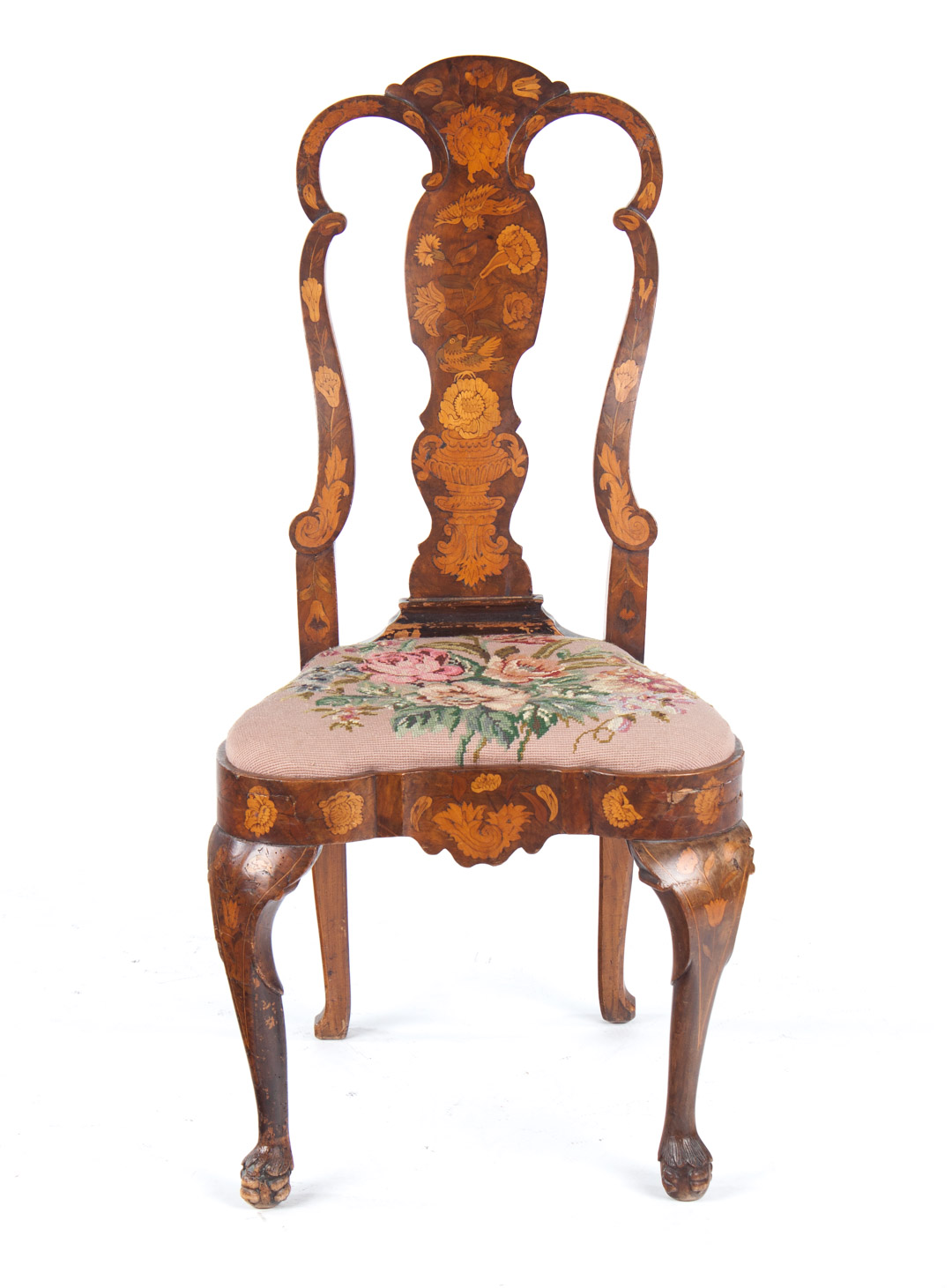 Appraisal: Dutch marquetry inlaid elm side chair late th century shell