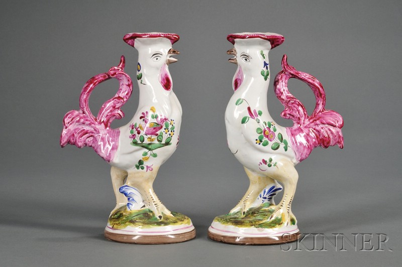 Appraisal: Pair French Faience Rooster-form Candlesticks France early th century polychrome