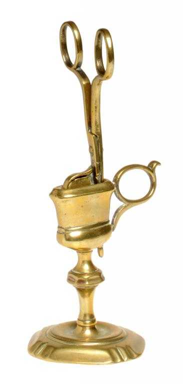 Appraisal: A BRASS SNUFFER STAND AND PAIR OF CANDLE SNUFFERS the