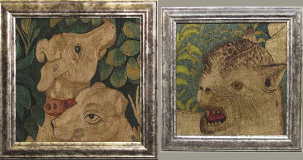 Appraisal: A pair of framed tapestry fragments th century Depicting two