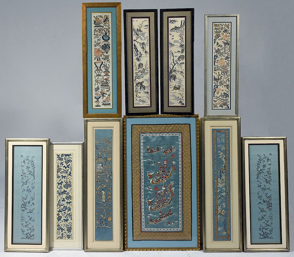 Appraisal: Ten Chinese framed silk needlework panels Ten Chinese framed silk