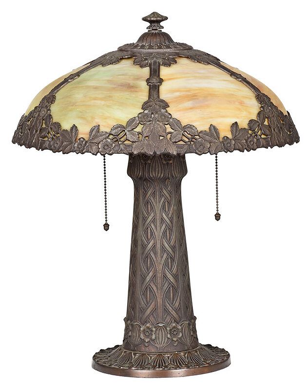 Appraisal: Miller Art Nouveau Slag Glass and Metal Table Lamp American