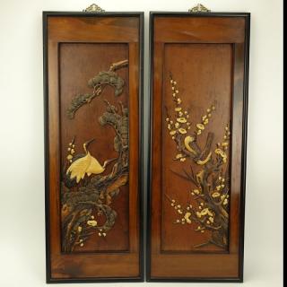 Appraisal: Pair of Oriental Carved Wood Wall Panels Label marked Made