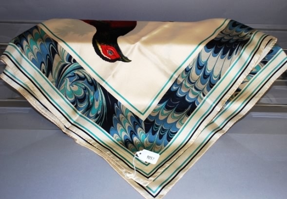 Appraisal: Perry Ellis cream pheasant print silk scarf Approx size x