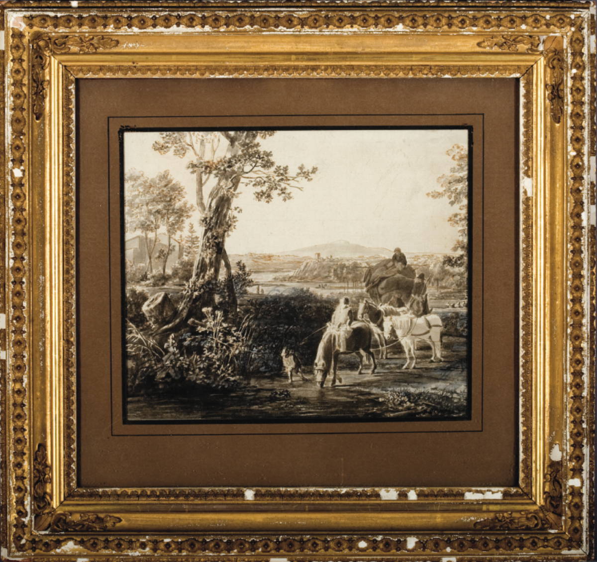 Appraisal: LANDSCAPE WITH TRAVELERS HORSES AND CART AT A STREAM ATTRIBUTED