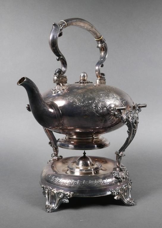 Appraisal: Circa English engraved silverplate hot water or tea kettle stand