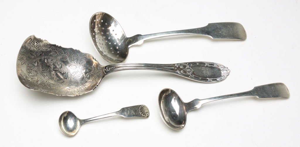 Appraisal: FOUR STERLING AND COIN SILVER SPOONS Nineteenth century American English