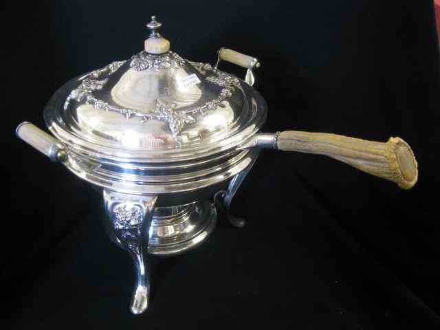 Appraisal: Silverplate Chafing Dish on Stand stag handles grape vine decor