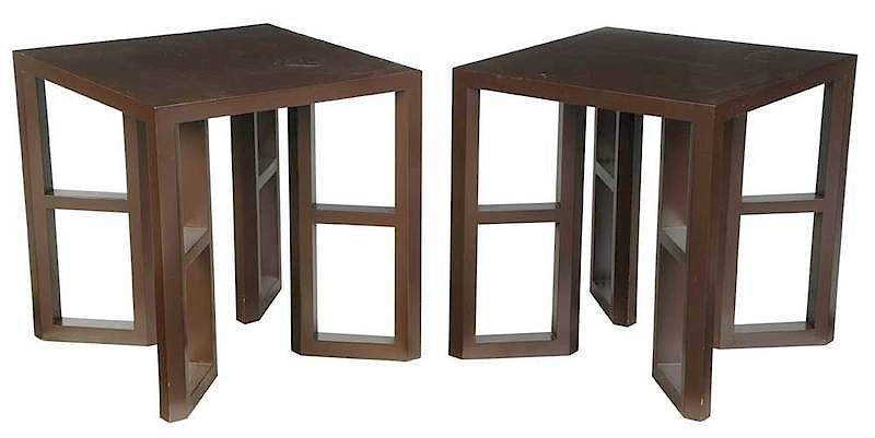 Appraisal: Pair Contemporary Brown Finished Side Tables each square form pierced