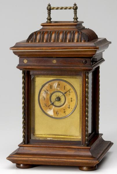 Appraisal: MUSICAL SHELF CLOCK Carriage type in oak case with two