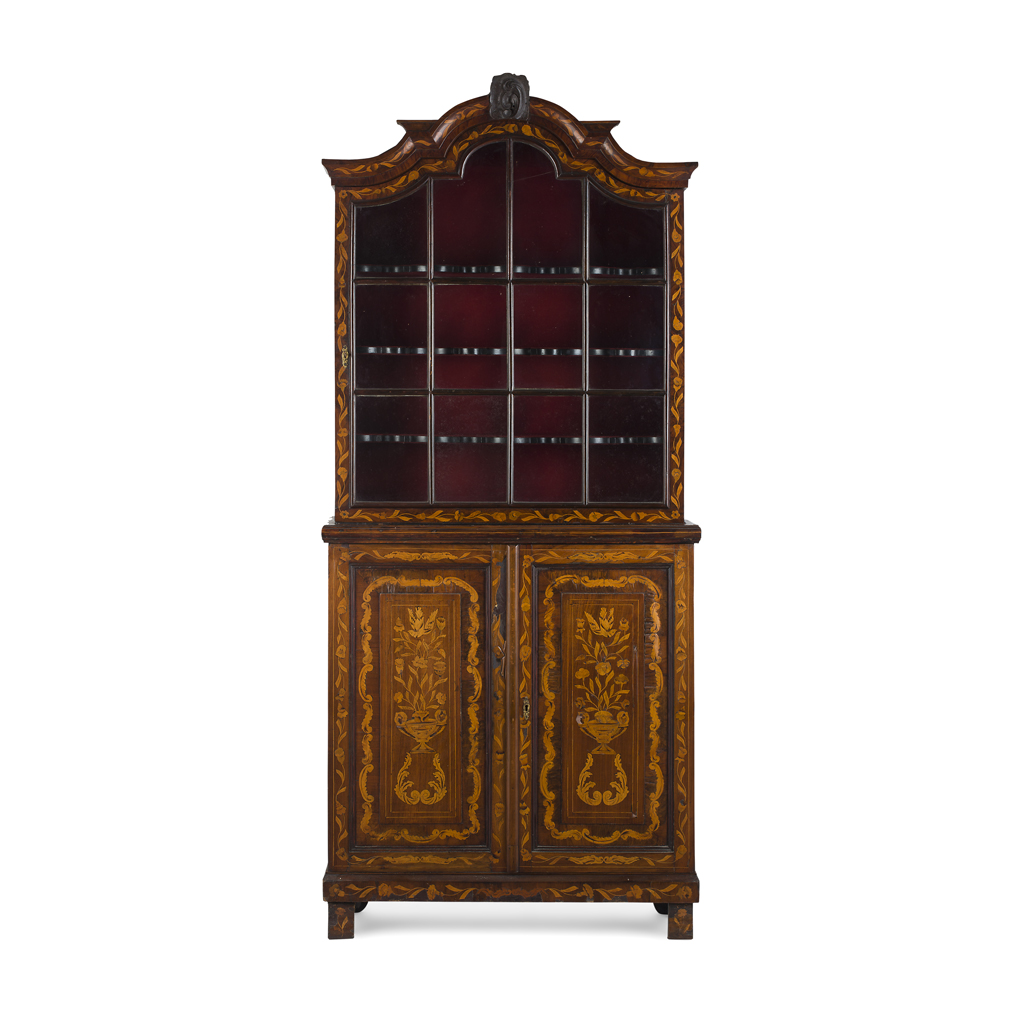 Appraisal: DUTCH MARQUETRY BOOKCASE CABIINET TH CENTURY the arched moulded cornice