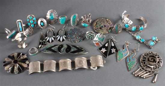 Appraisal: Assorted silver and inlaid stone jewelry including brooches earrings bracelets