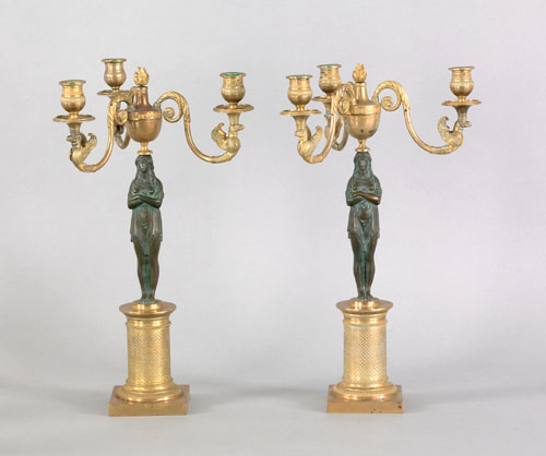 Appraisal: Pair of Louis XVI style candelabra ca with bronze d'or