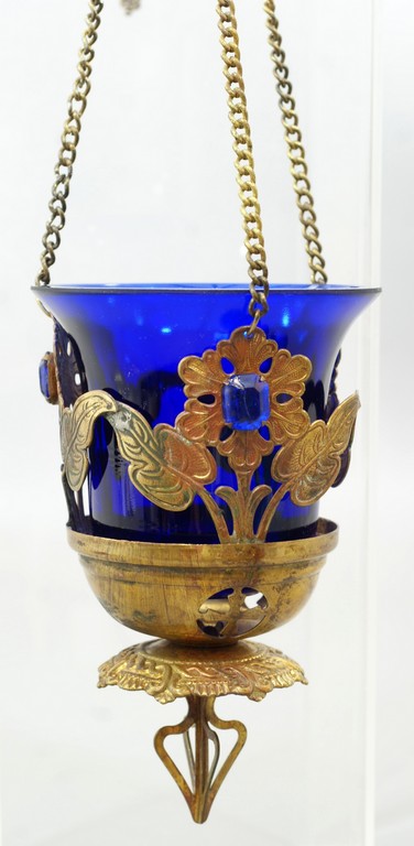 Appraisal: Continental or Russian Gilt Bronze Sanctuary Lamp with blue glass