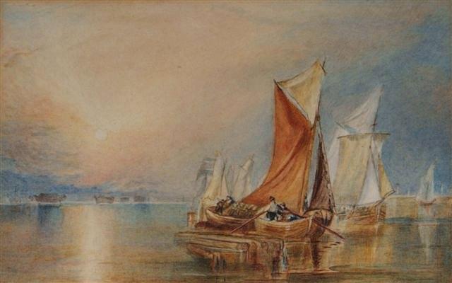 Appraisal: MANNER OF TURNERFishing boats at sunset watercolour heightened with body