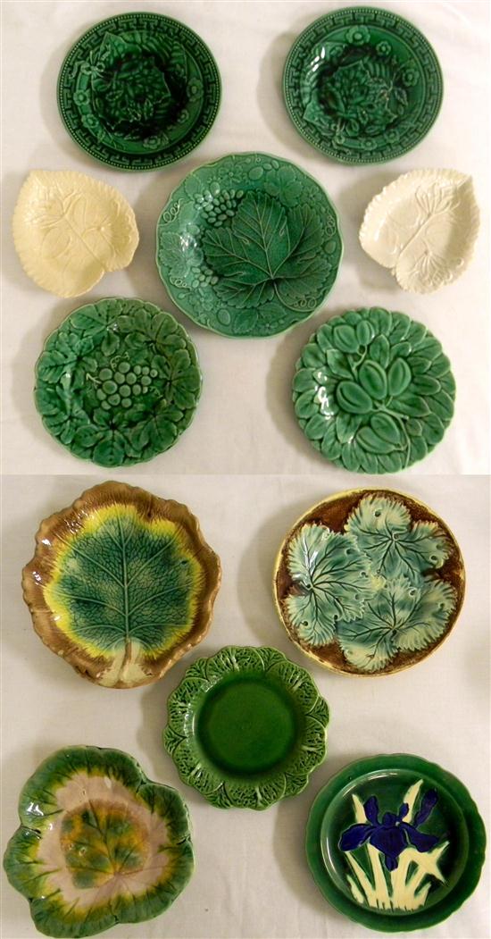 Appraisal: Four Majolica polychrome plates three leaf motif one with iris